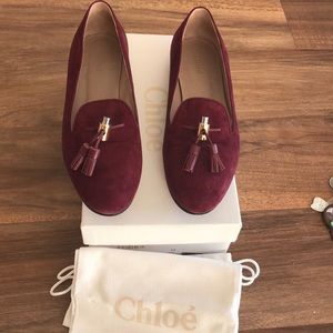 Chloe burgundy suede loafers with tassel buckle